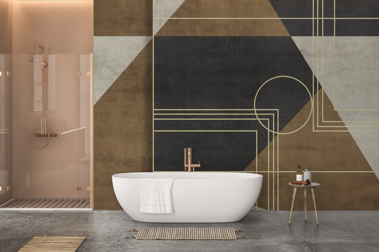Geometric Abstraction wallpaper mural in charcoal, brown and gold behind a white freestanding bathtub with copper tap