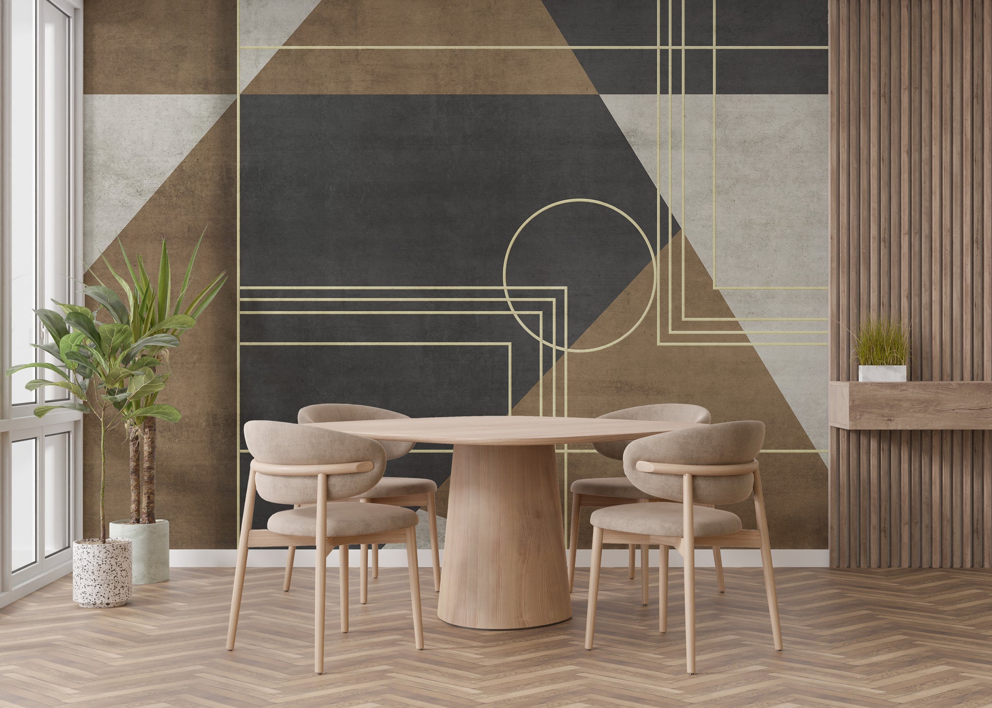 Geometric Abstraction wallpaper mural in charcoal, brown and gold lines behind a round wood dining table and beige chairs
