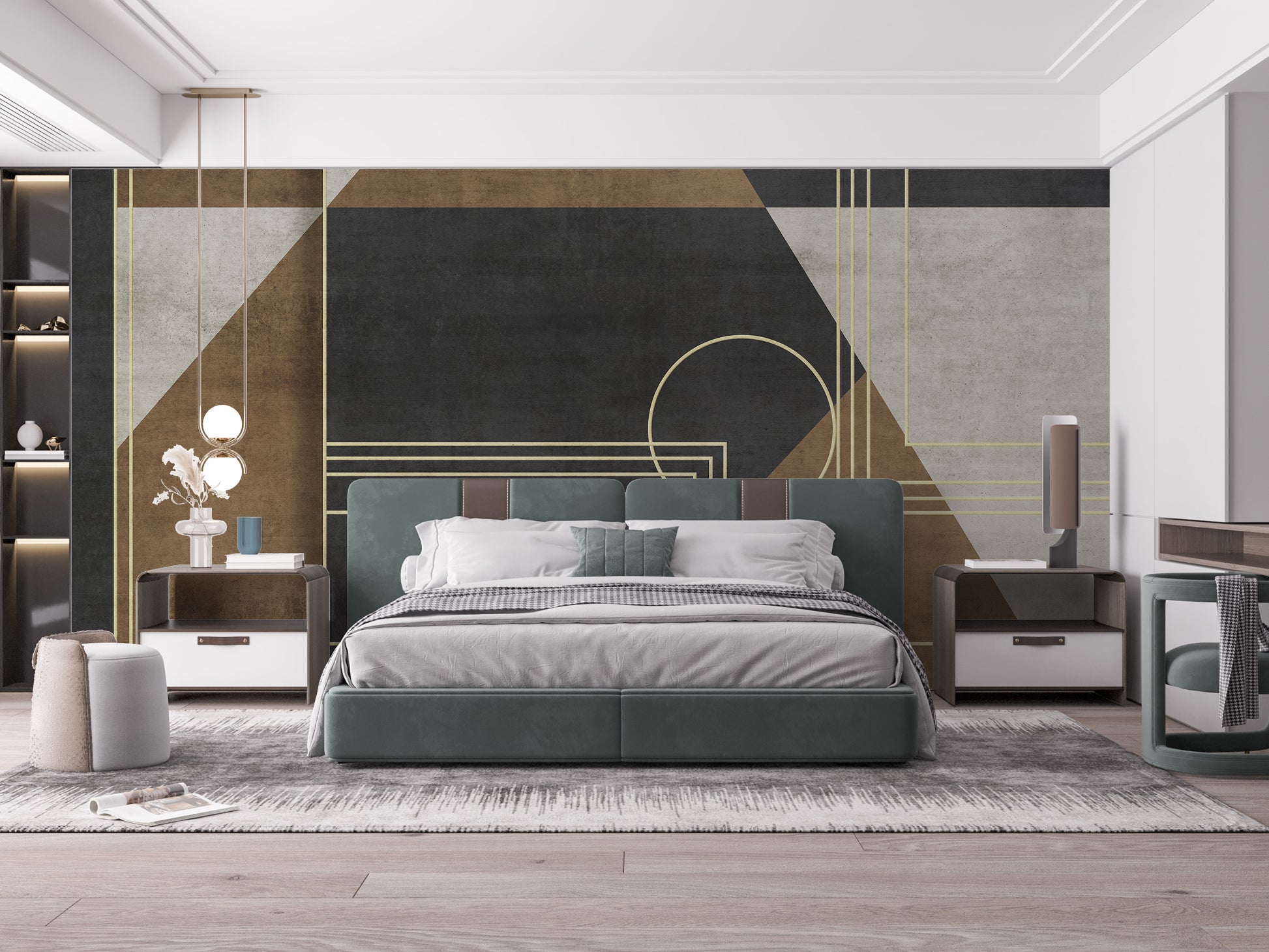 Geometric Abstraction wallpaper mural with charcoal and gold shapes above a green upholstered bed in a modern bedroom