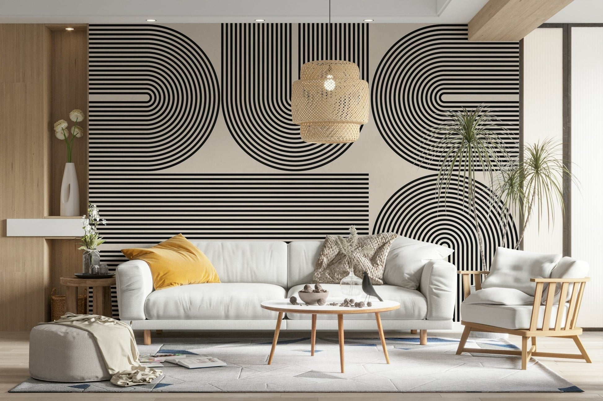 The wall mural is installed on a living room feature wall.

