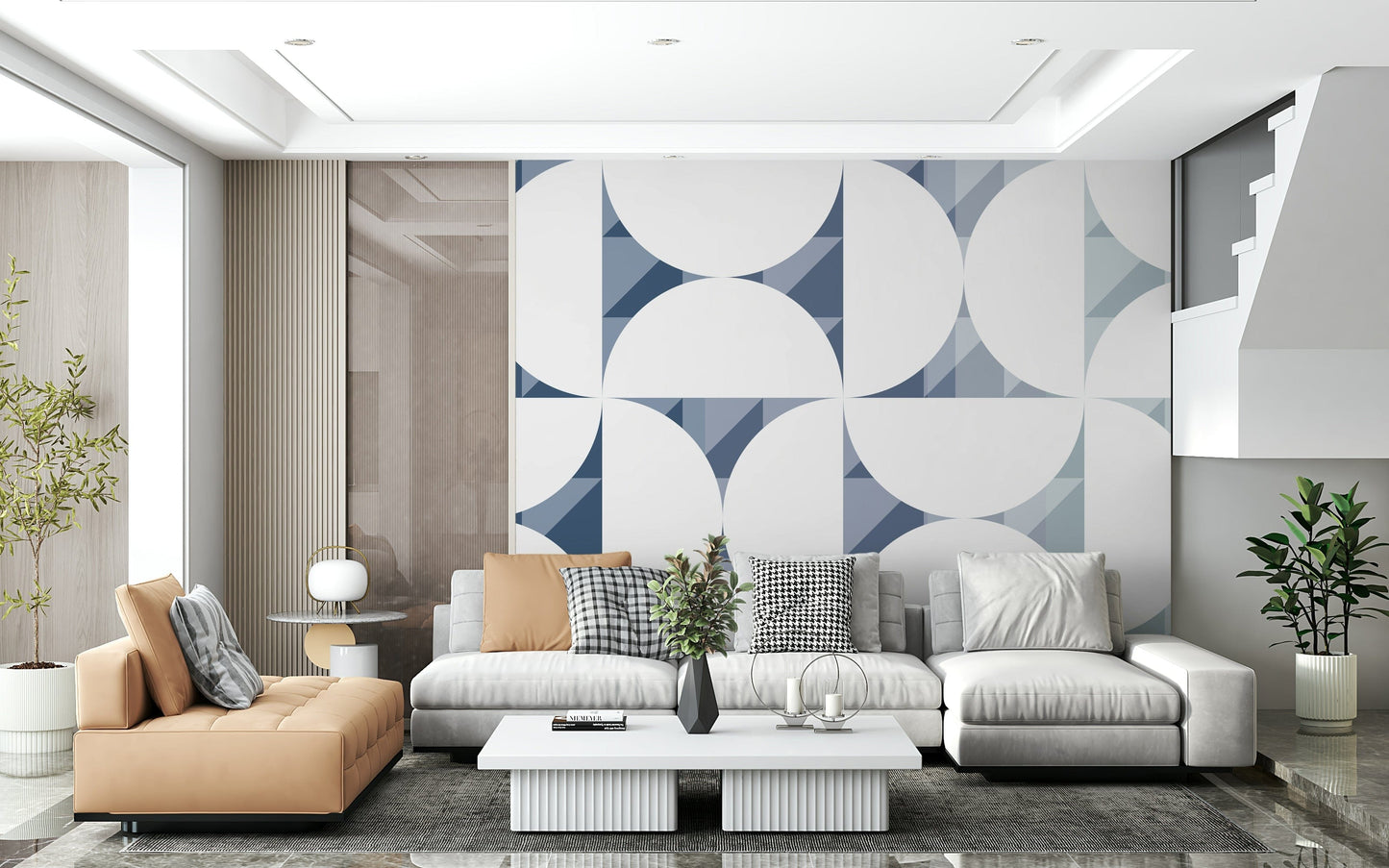 A peaceful geometric design mural on decorative wallpaper.
