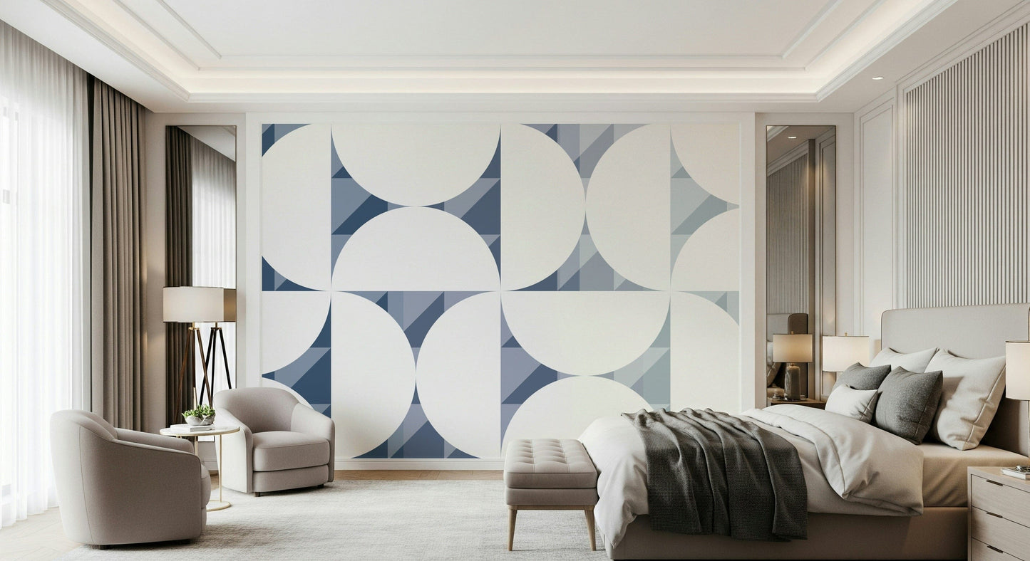 A graceful subtle block wall mural in cool, blue tones.