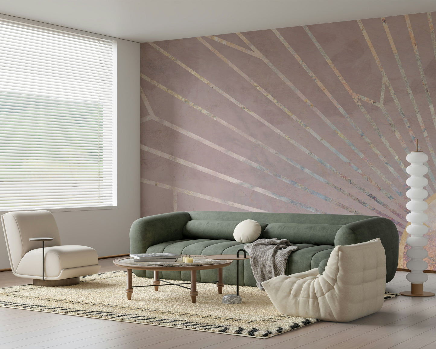 A calming modern pattern wallpaper mural that defines a space.
