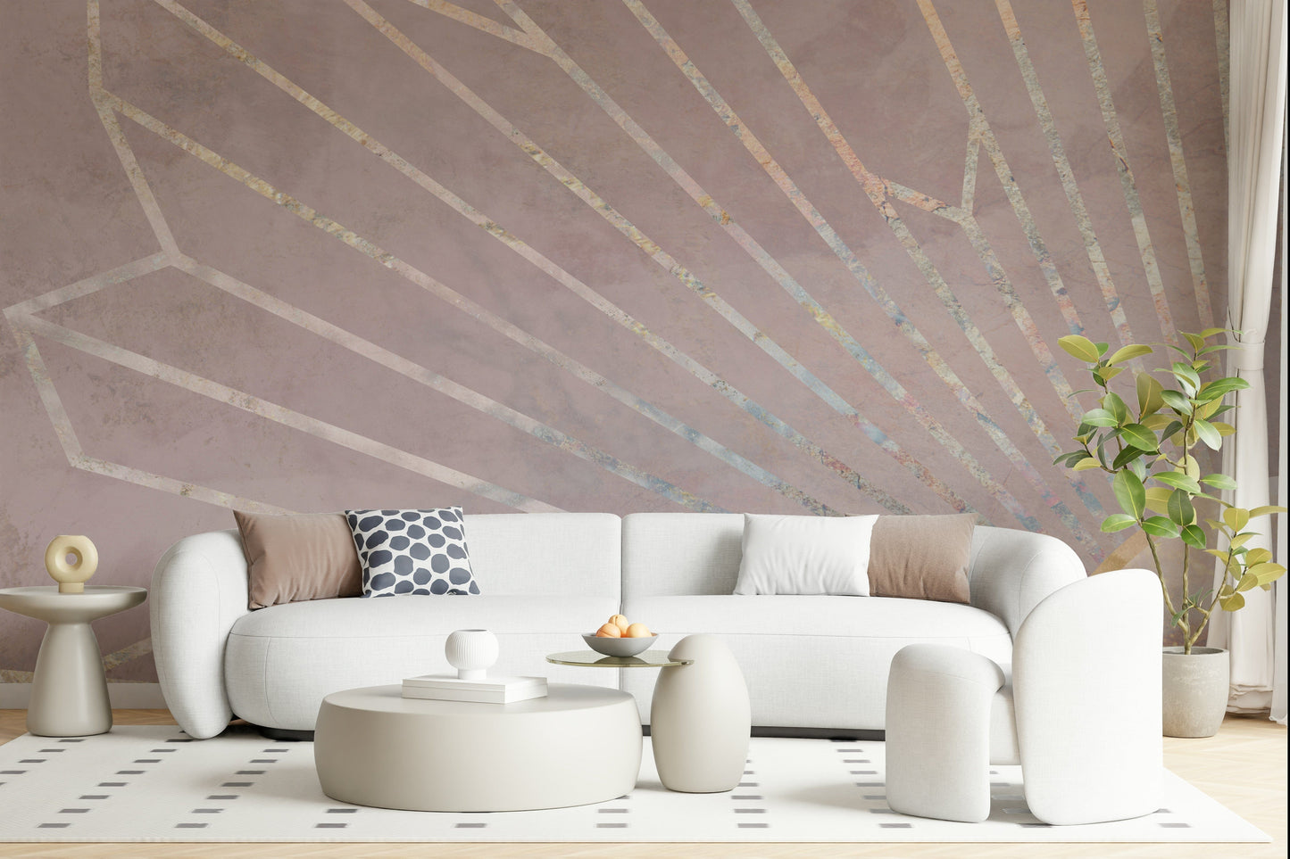 An artistic modern pattern mural on minimalist wallpaper.