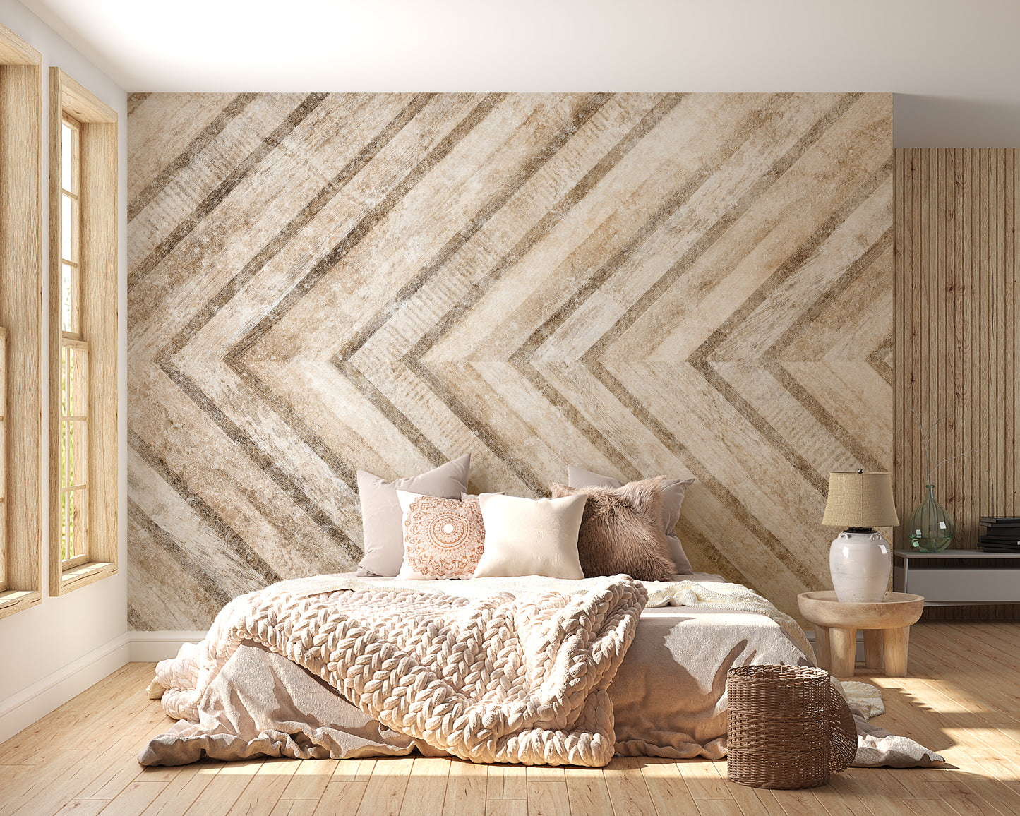 Contemporary art style wallpaper with symmetrical V-shaped patterns.