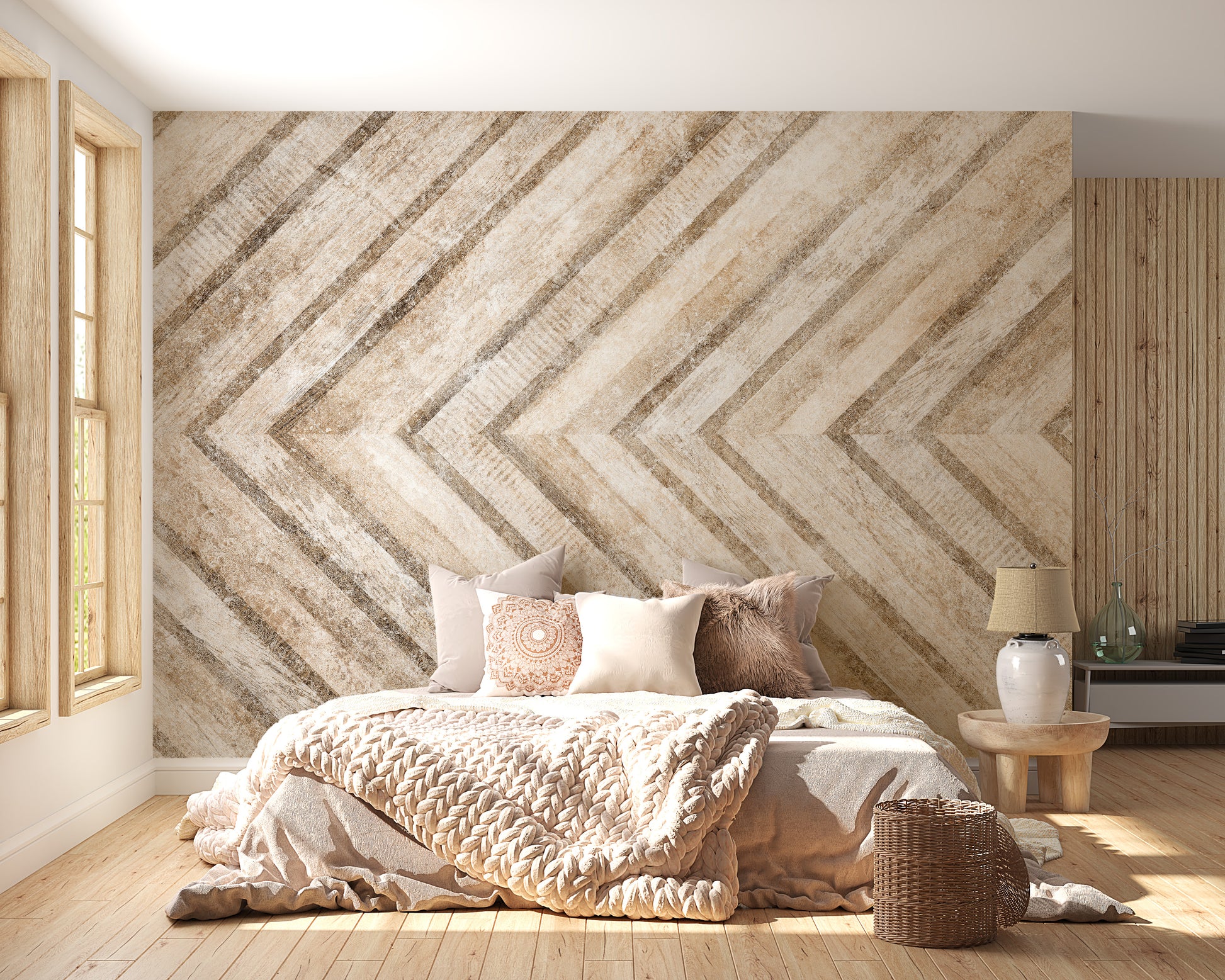 Contemporary art style wallpaper with symmetrical V-shaped patterns.