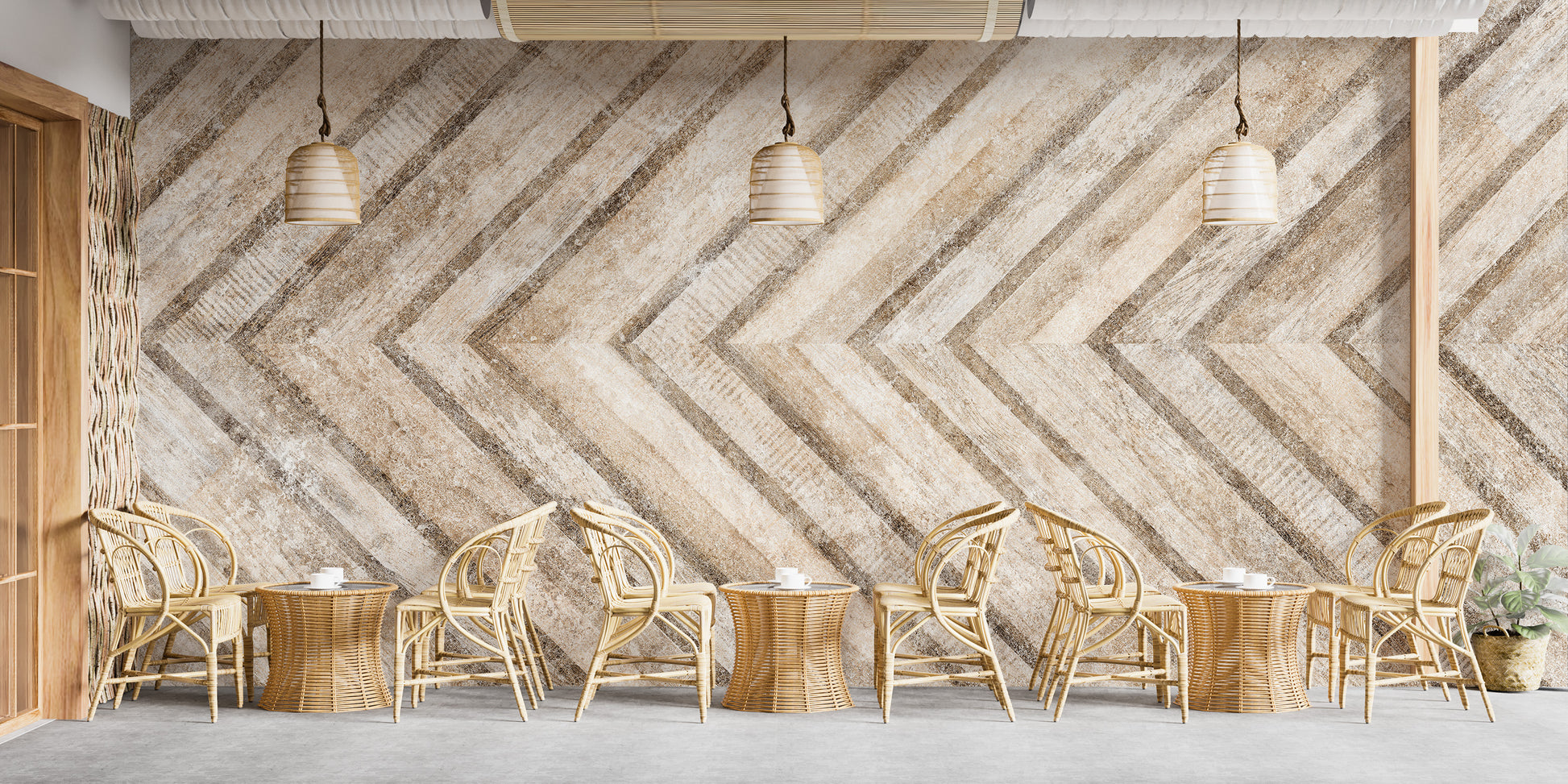 Soft charcoal and light pine fusion wall mural for contemporary walls.