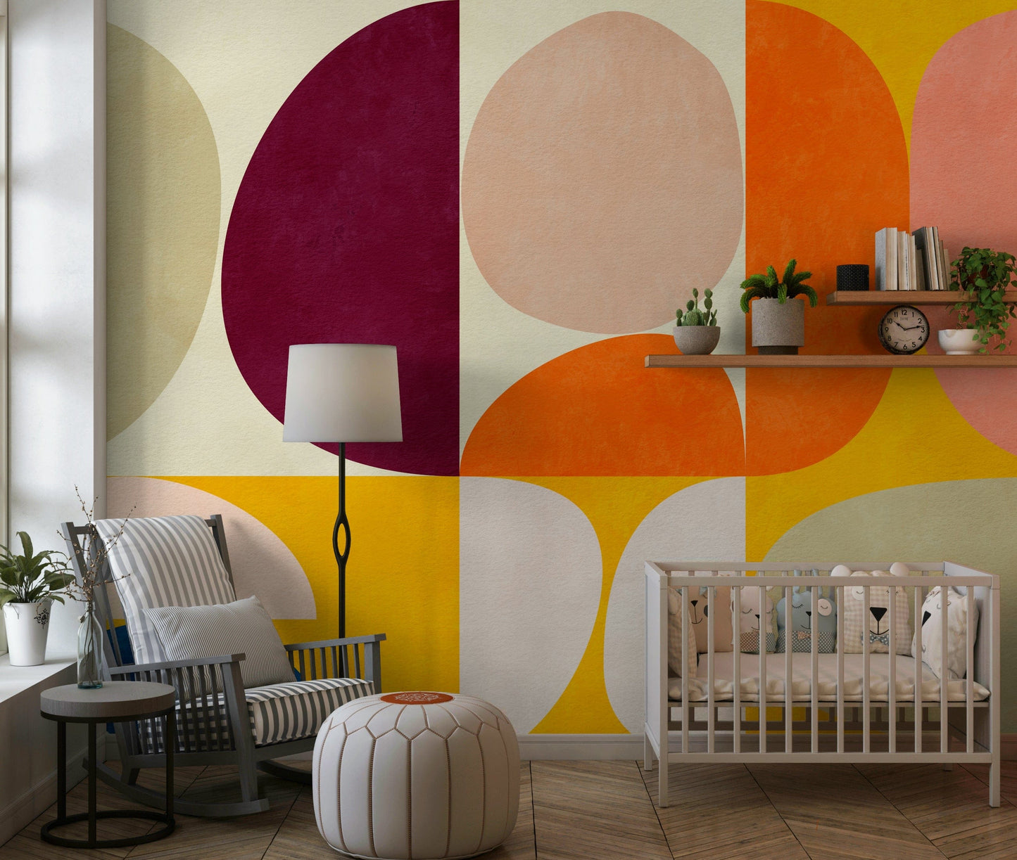 A calming abstract design wallpaper mural that defines a space.