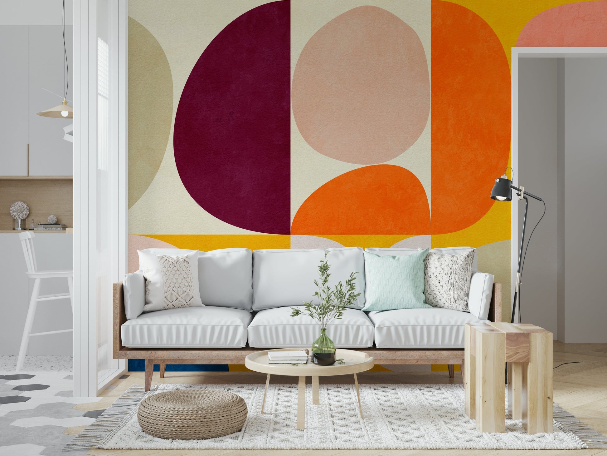 A peaceful modern abstract mural on decorative wallpaper.