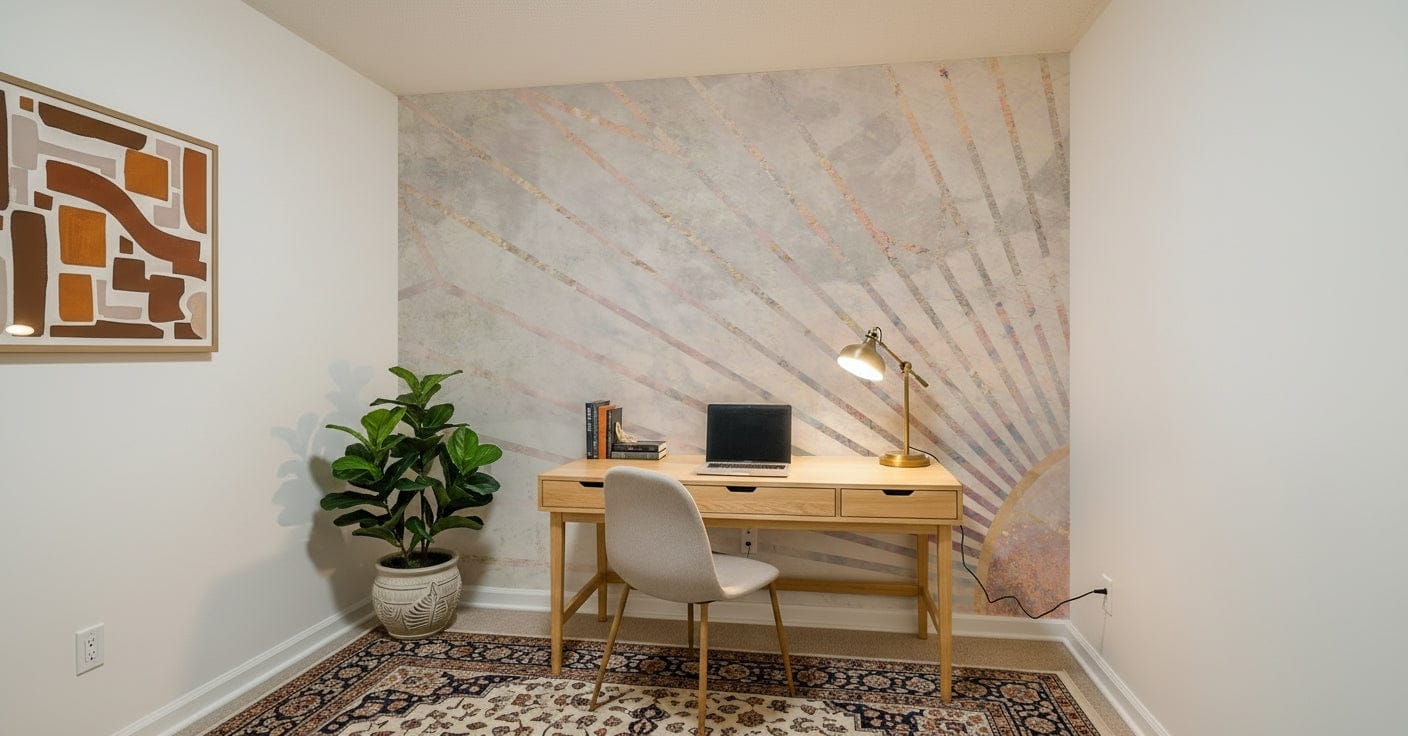 A peaceful geometric abstract mural on decorative wallpaper.
