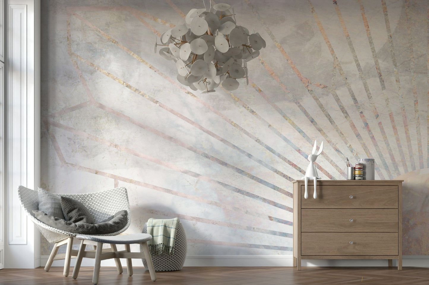 An artistic modern block mural on minimalist wallpaper.