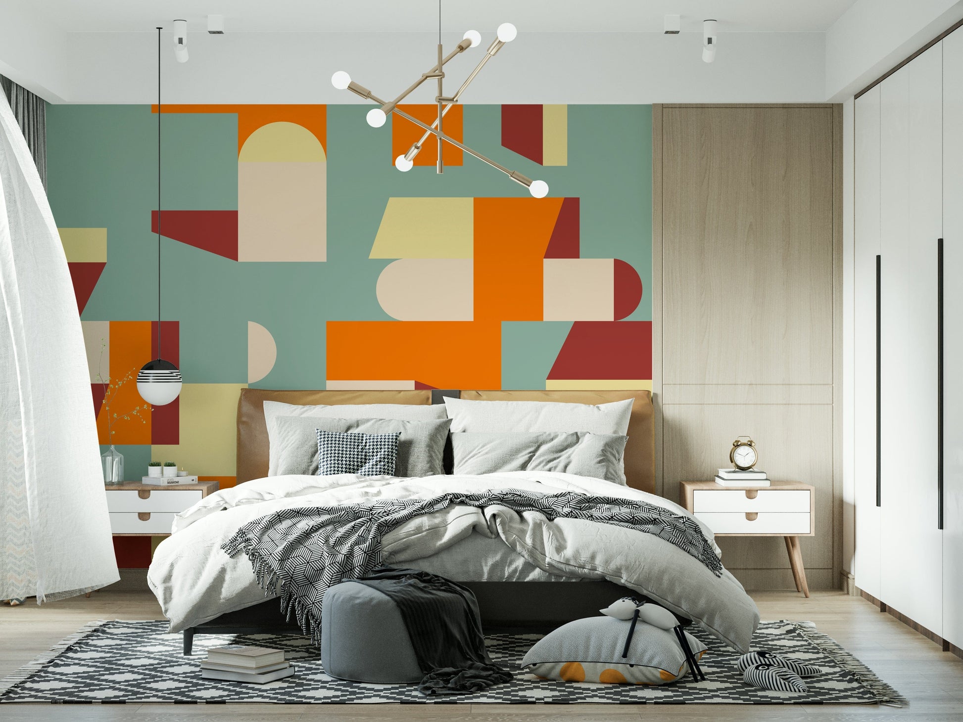 Abstract geometric wall mural with artistic shapes reflecting modern simplicity and comfort.