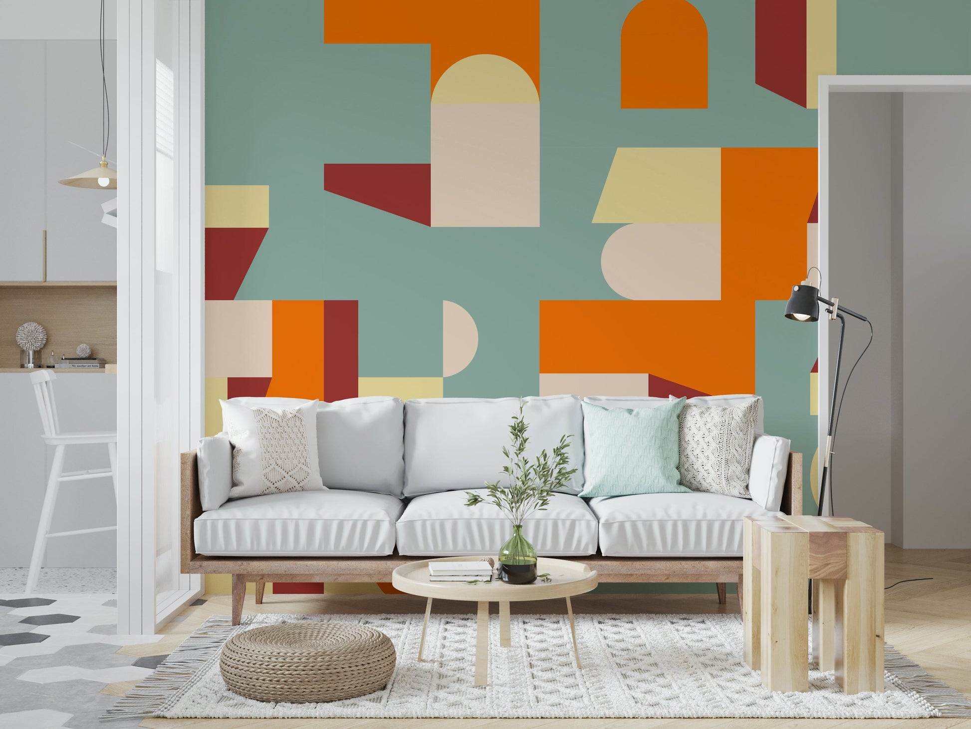 Crisp Air and Warmth wall mural with overlapping geometric shapes in soft, contemporary hues.