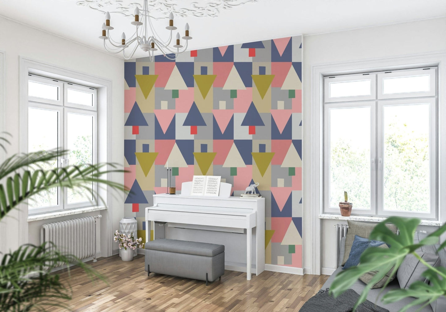 Geometric Forest Harmony wallpaper of pastel tree shapes behind a white upright piano with a grey bench