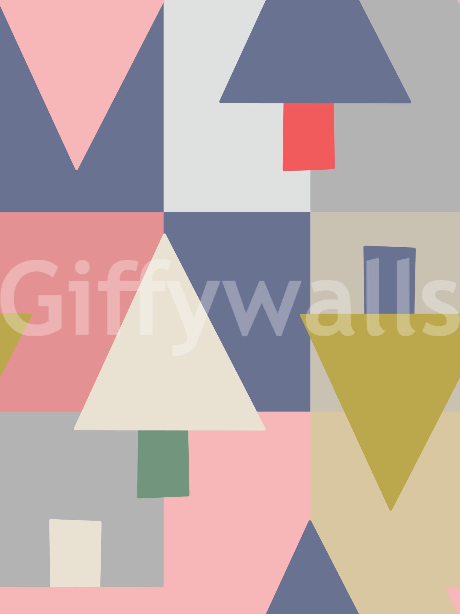 Geometric Forest Harmony wallpaper close-up showing navy, pink and mustard triangle tree shapes in blocks