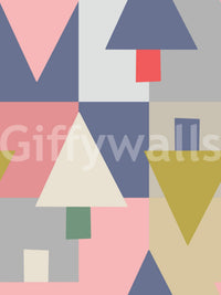 Geometric Forest Harmony wallpaper close-up showing navy, pink and mustard triangle tree shapes in blocks