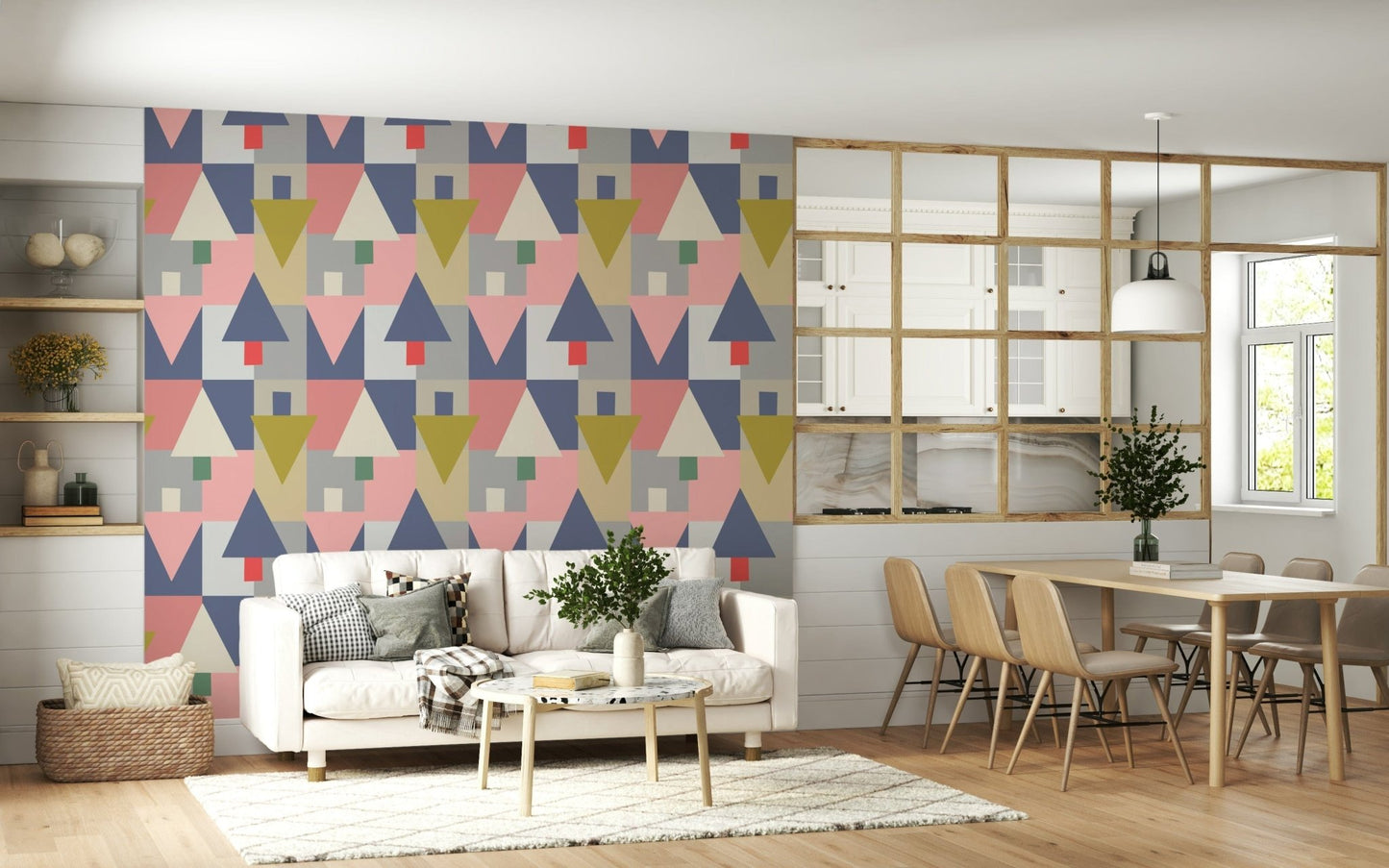 Geometric Forest Harmony wallpaper of geometric trees behind a white sofa by a wood-framed glass partition