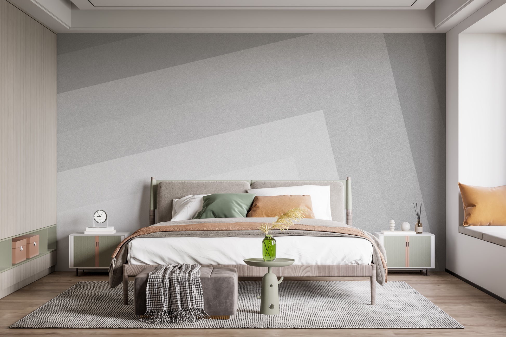 Geometric gray ombre layered wallpaper mural in light grey behind an upholstered bed in a calm bedroom