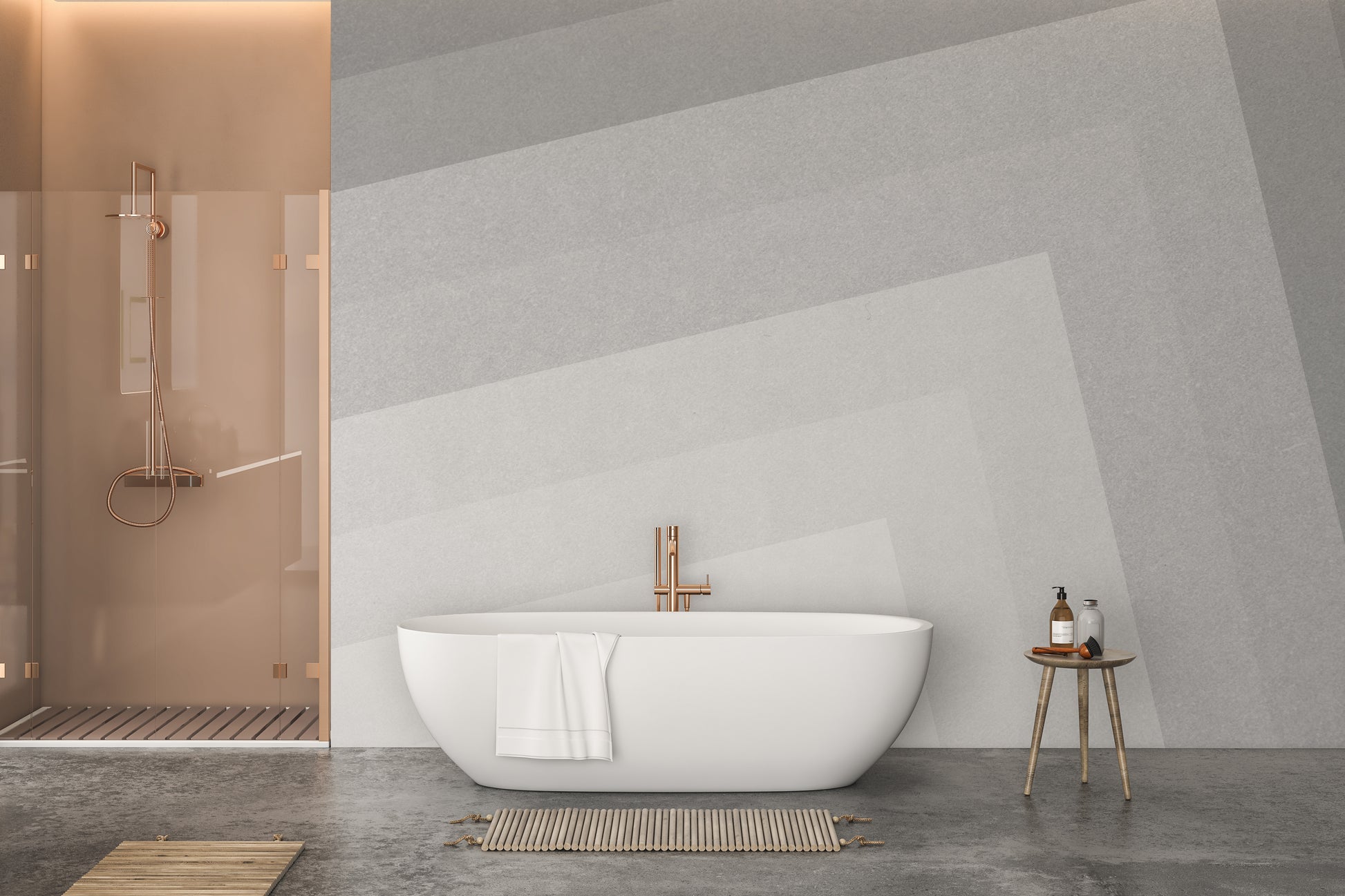 Geometric gray ombre layered wallpaper mural in soft greys behind a freestanding white tub in a modern bathroom