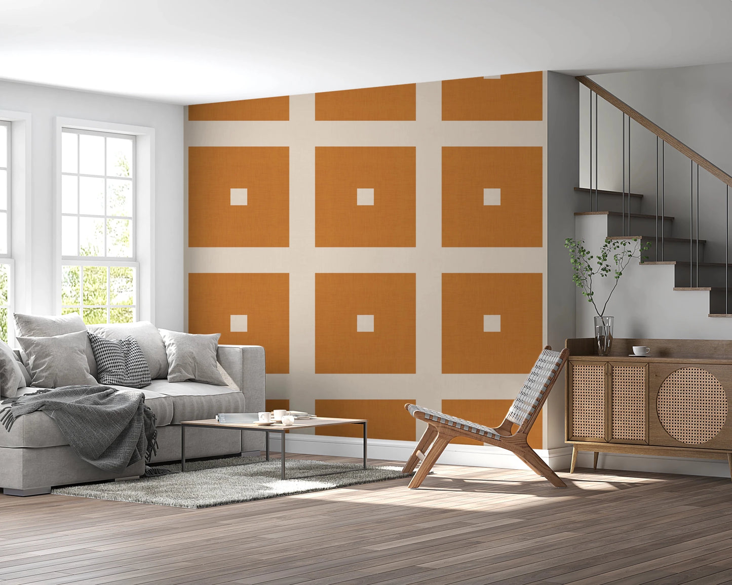 Geometric Grid Blocks Terracotta Cream Wallpaper⁠