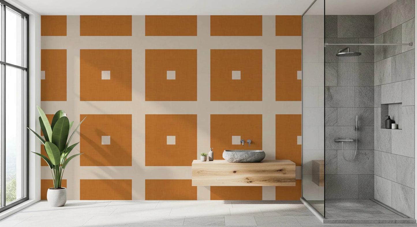 Geometric Grid Blocks Terracotta Cream Wallpaper⁠