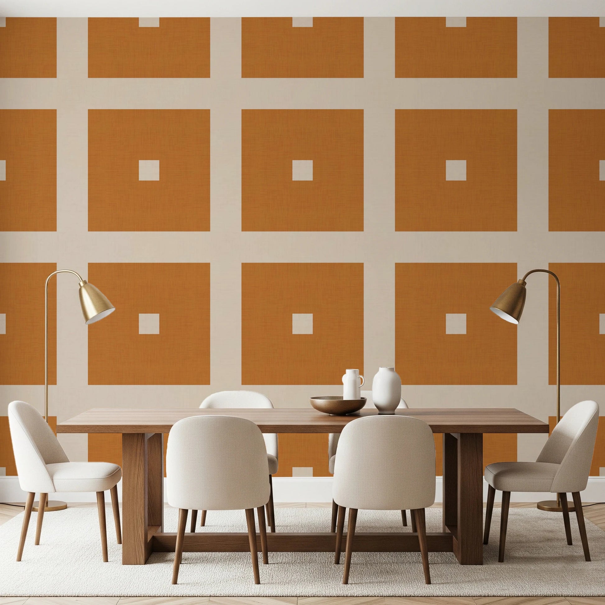 Geometric Grid Blocks Terracotta Cream Wallpaper⁠