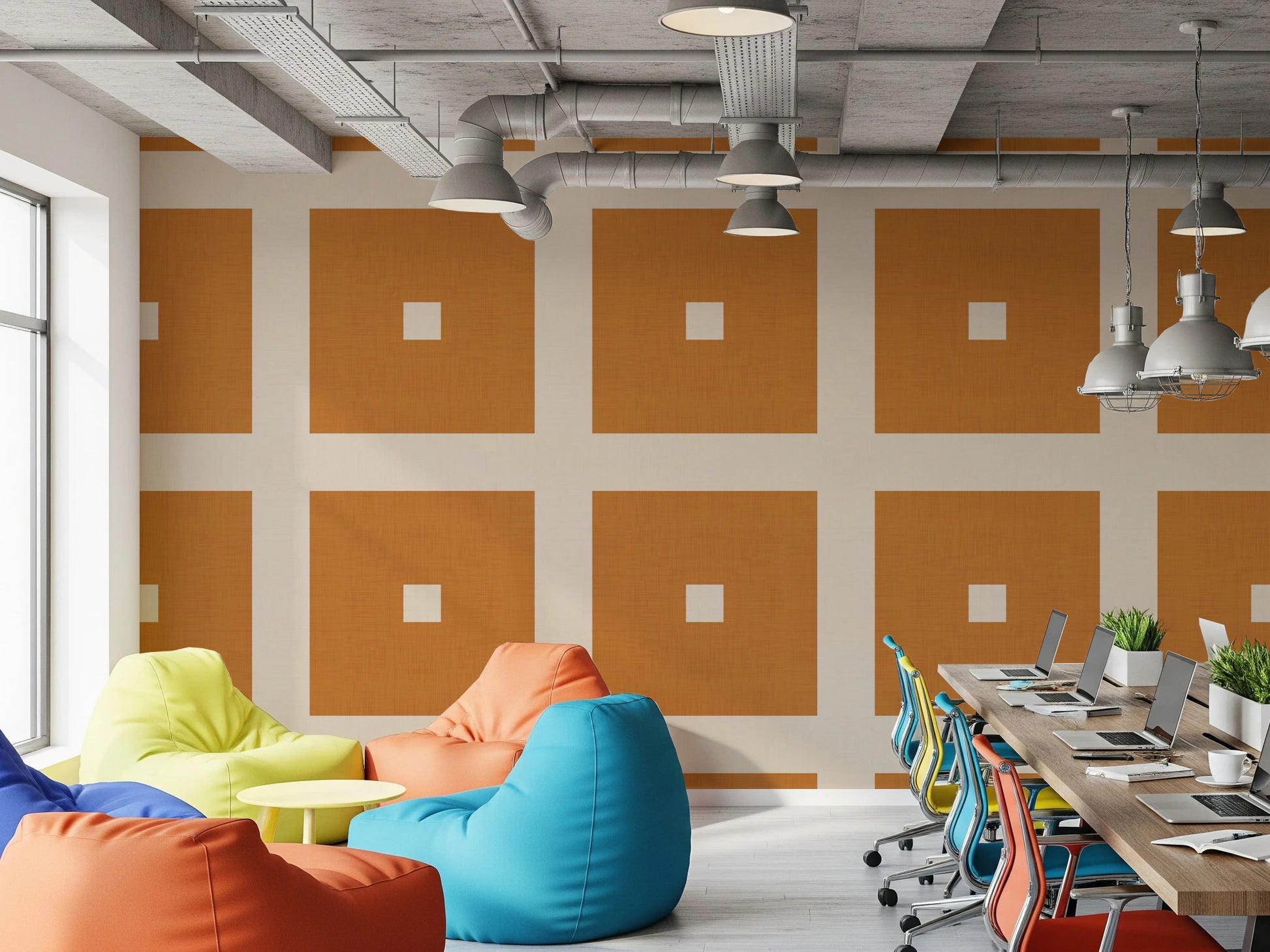 Geometric Grid Blocks Terracotta Cream Wallpaper⁠