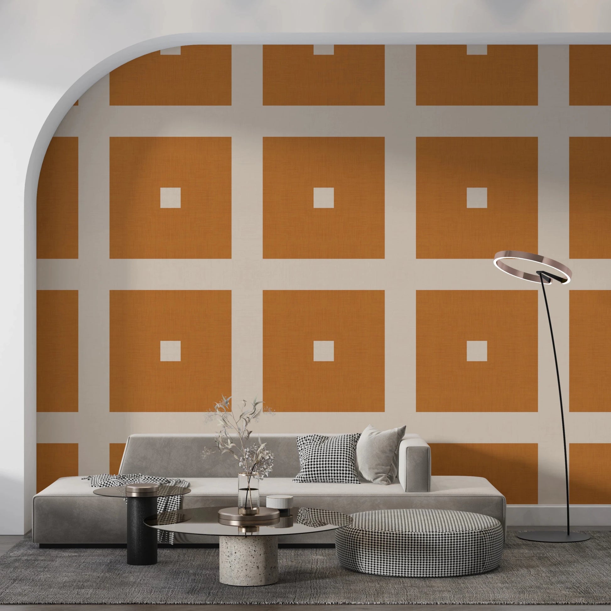 Geometric Grid Blocks Terracotta Cream Wallpaper⁠