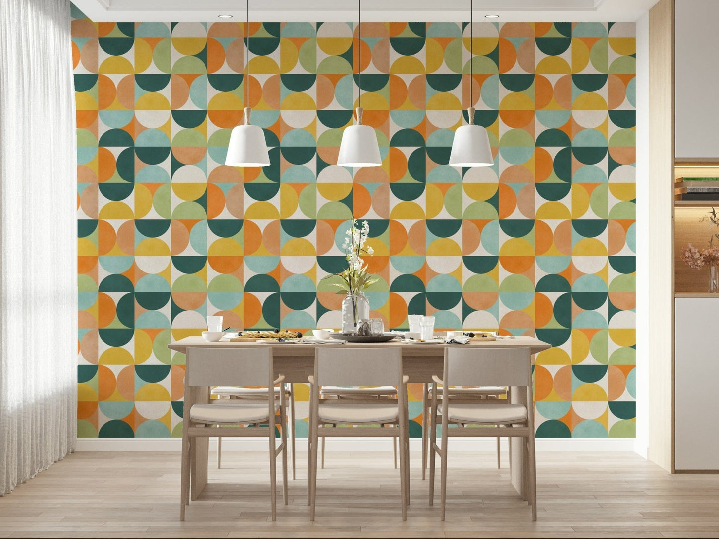 Retro modern geometric wallpaper with bold round shapes