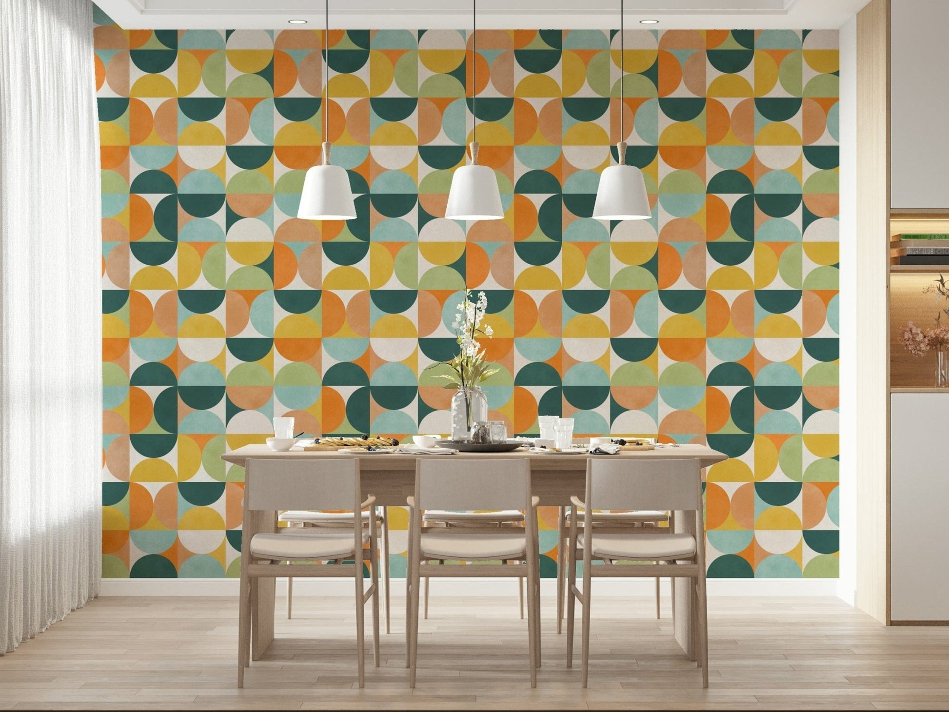 Retro modern geometric wallpaper with bold round shapes