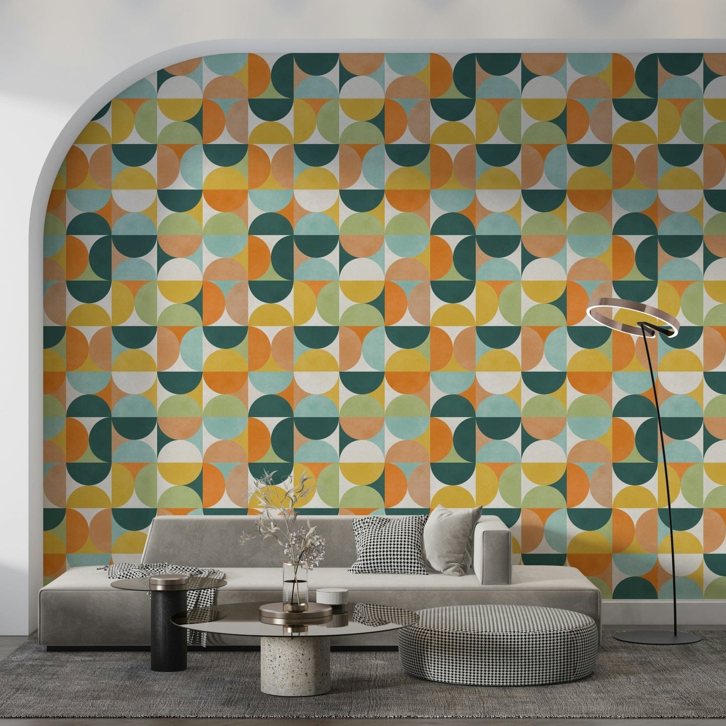 Contemporary circle grid wallpaper with warm accents