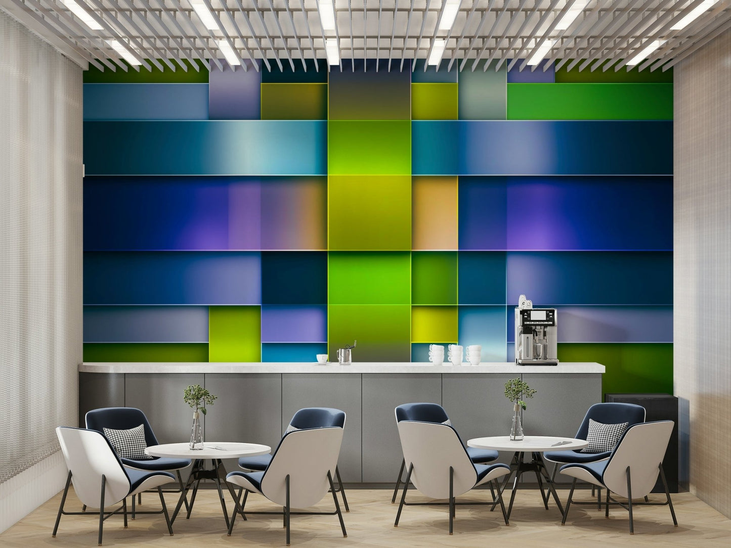Blue and green wall design with structure
