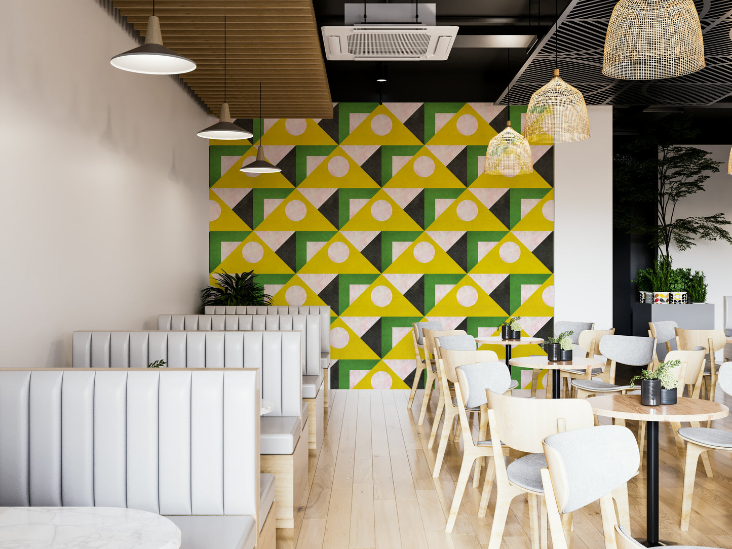 Green and yellow shapes modern wall design

