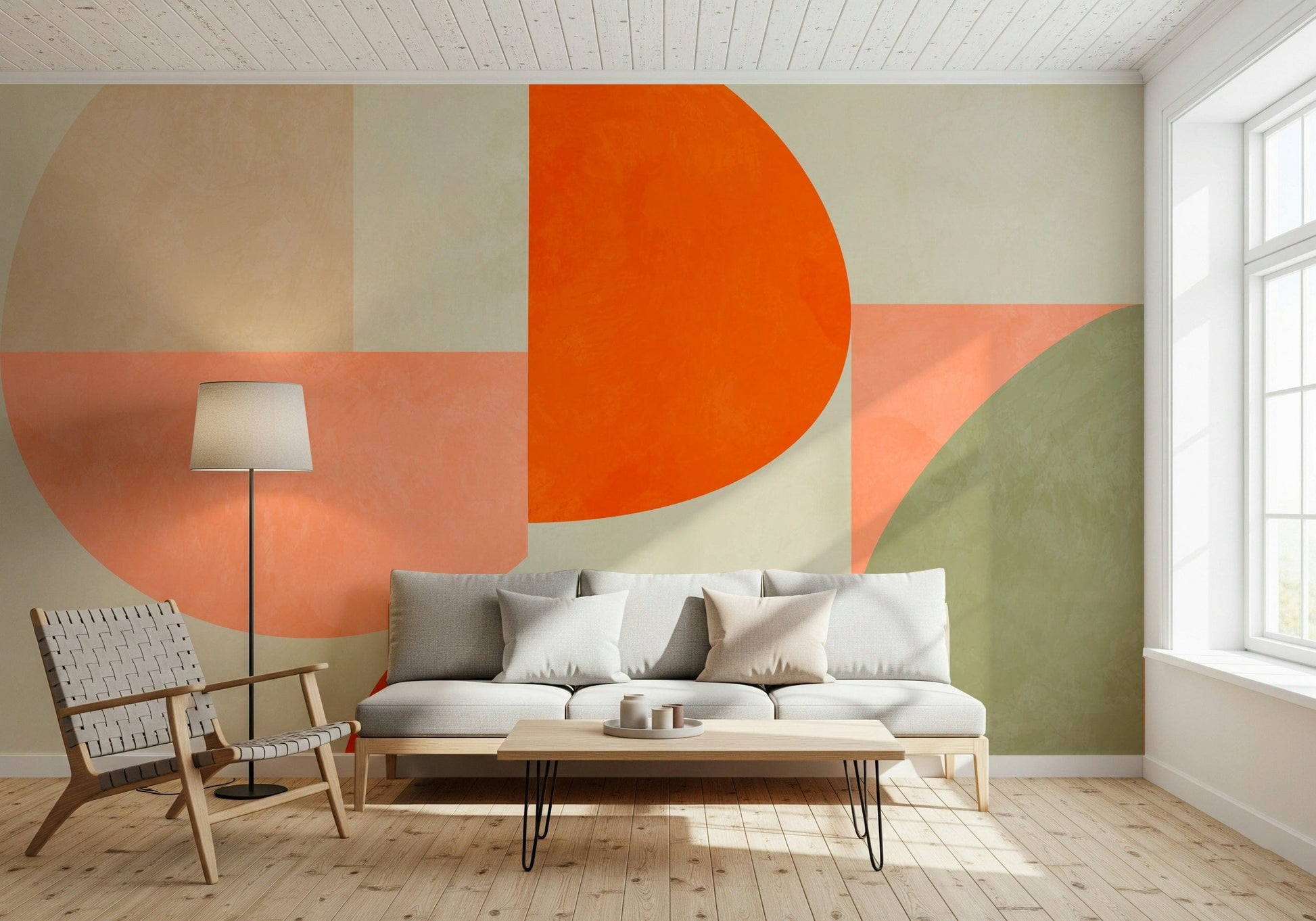 An artistic interlocking shape mural on minimalist wallpaper.

