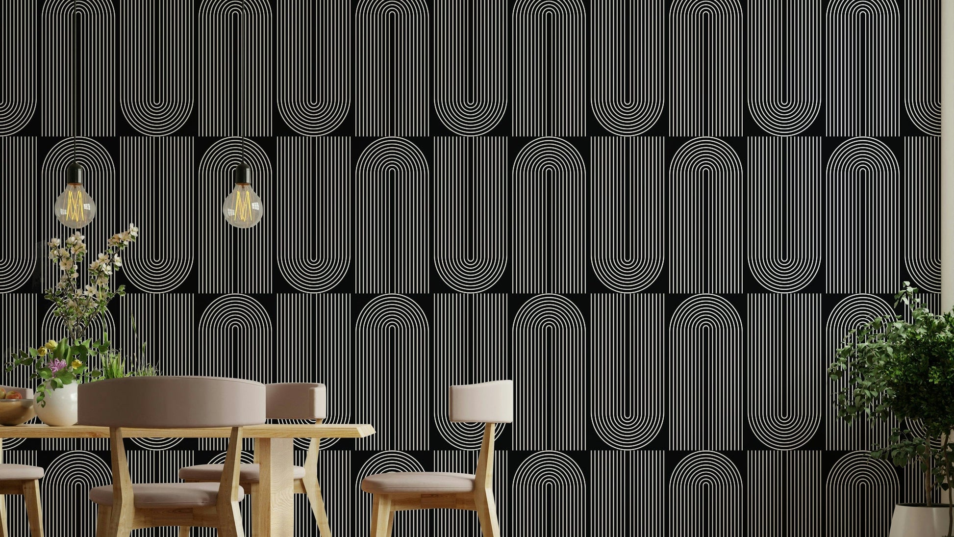 Geometric pill shape linear outlined wallpaper decor.
