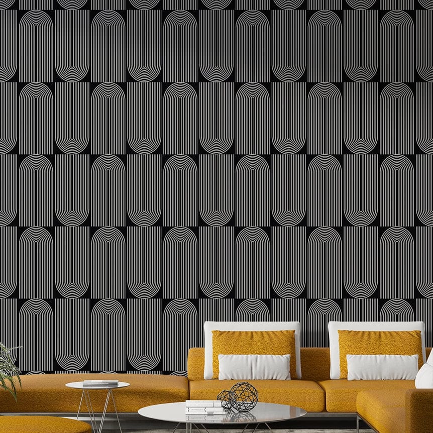 Contemporary curved motif outlined wallpaper for interiors.
