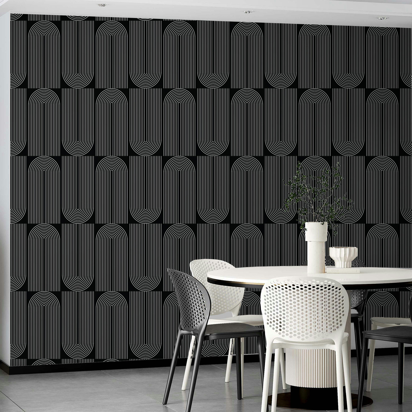 Modern black and white arch outlined wallpaper for walls.

