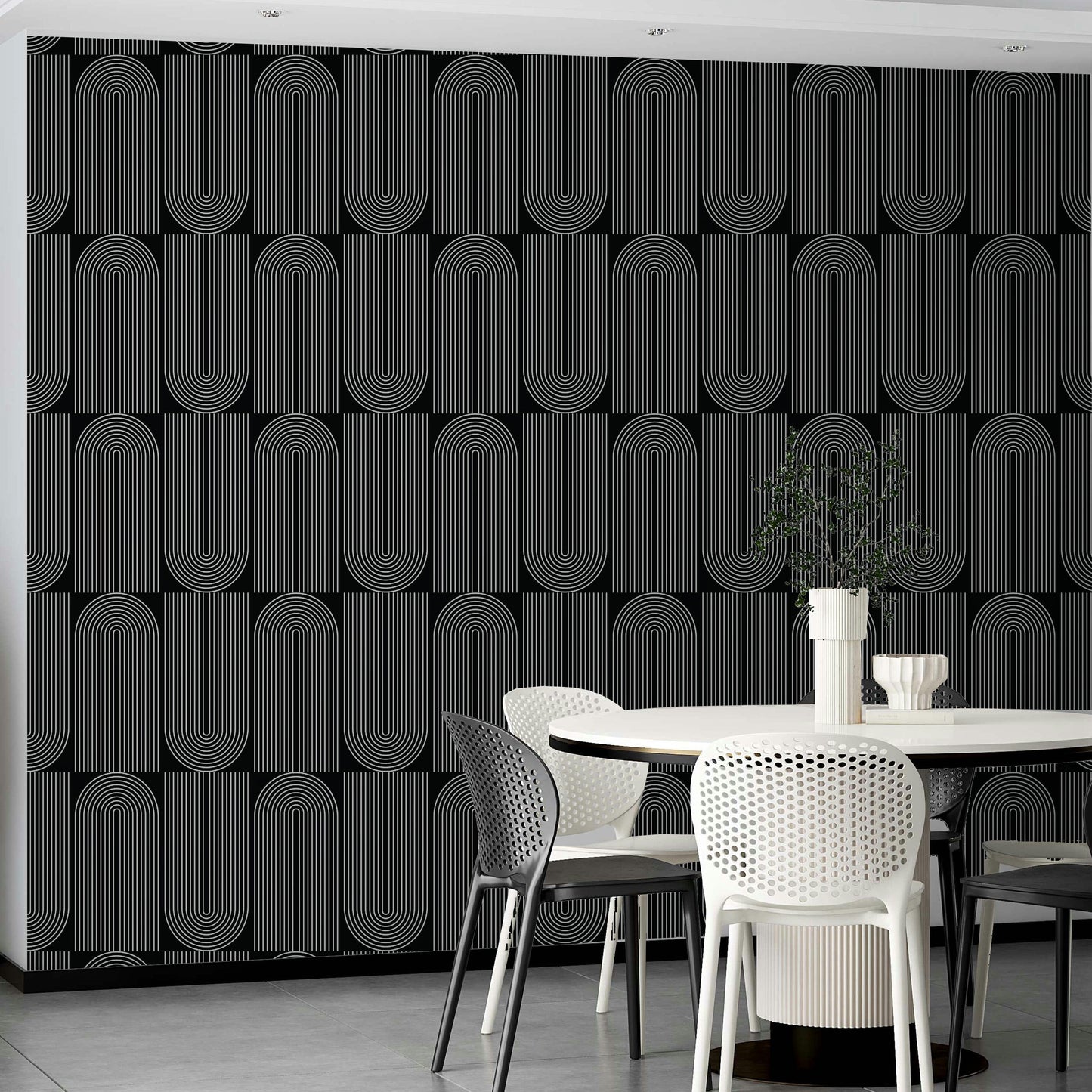 Modern black and white arch outlined wallpaper for walls.
