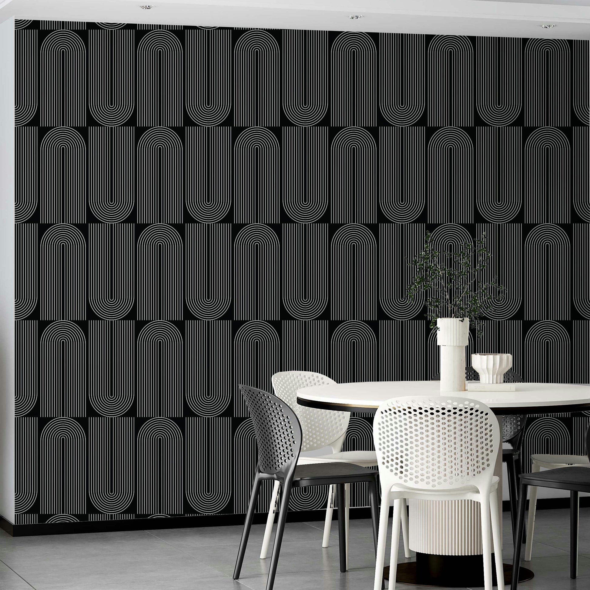 Modern black and white arch outlined wallpaper for walls.
