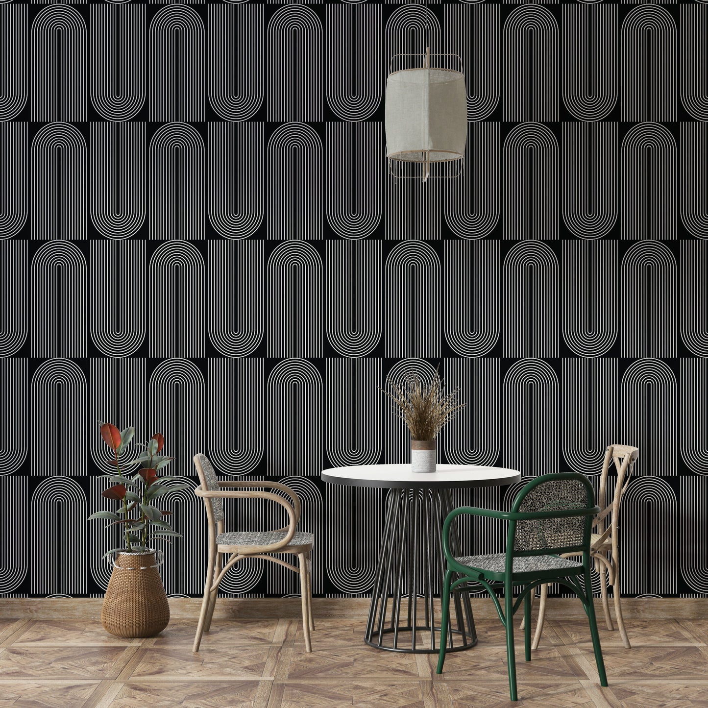 Sleek white stroke geometric outlined wallpaper on dark.
