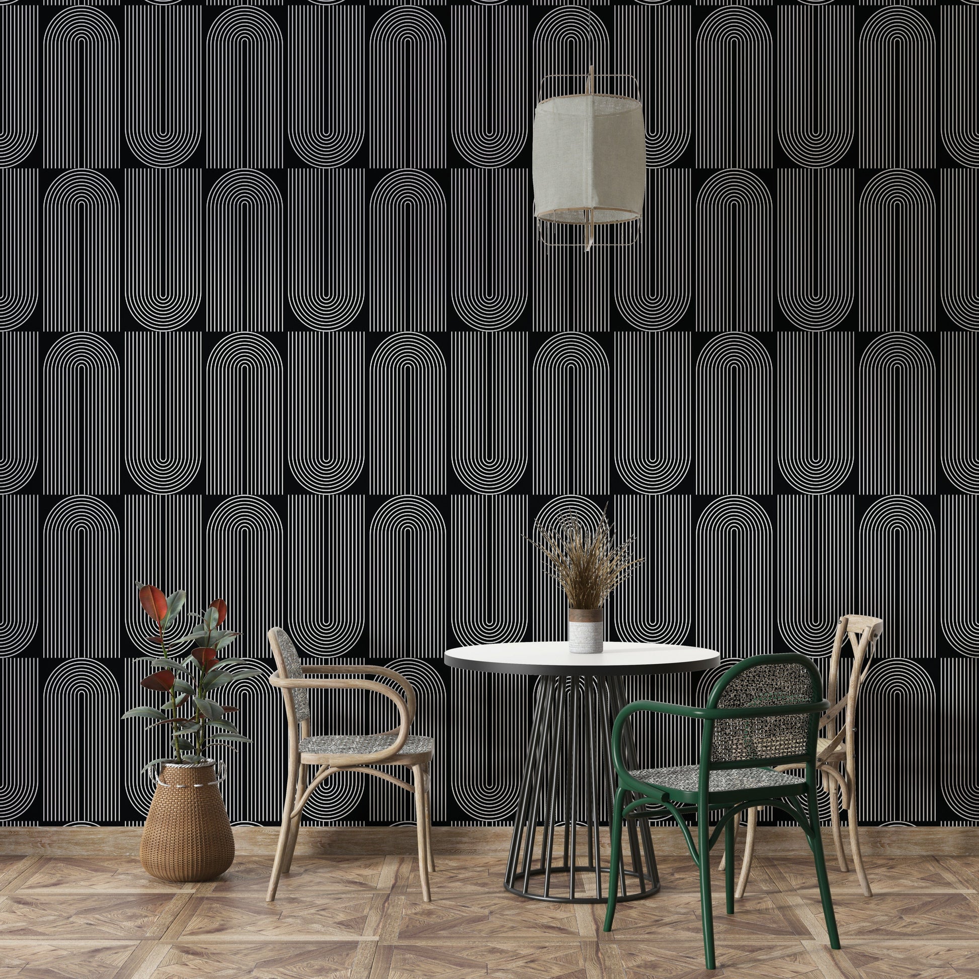 Sleek white stroke geometric outlined wallpaper on dark.
