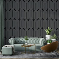 Retro vertical line art deco outlined wallpaper in black.
