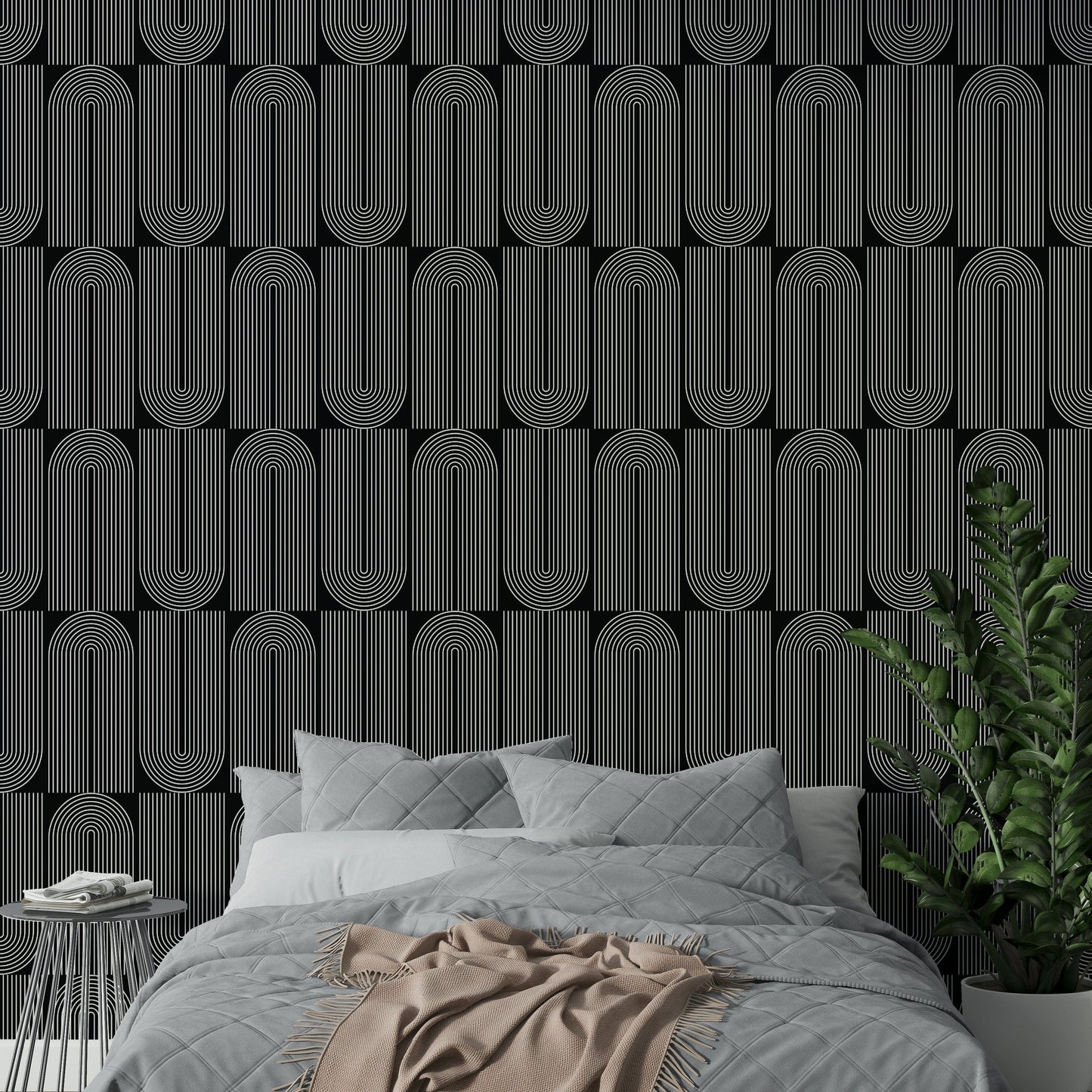 Elegant symmetrical arch outlined wallpaper in white.
