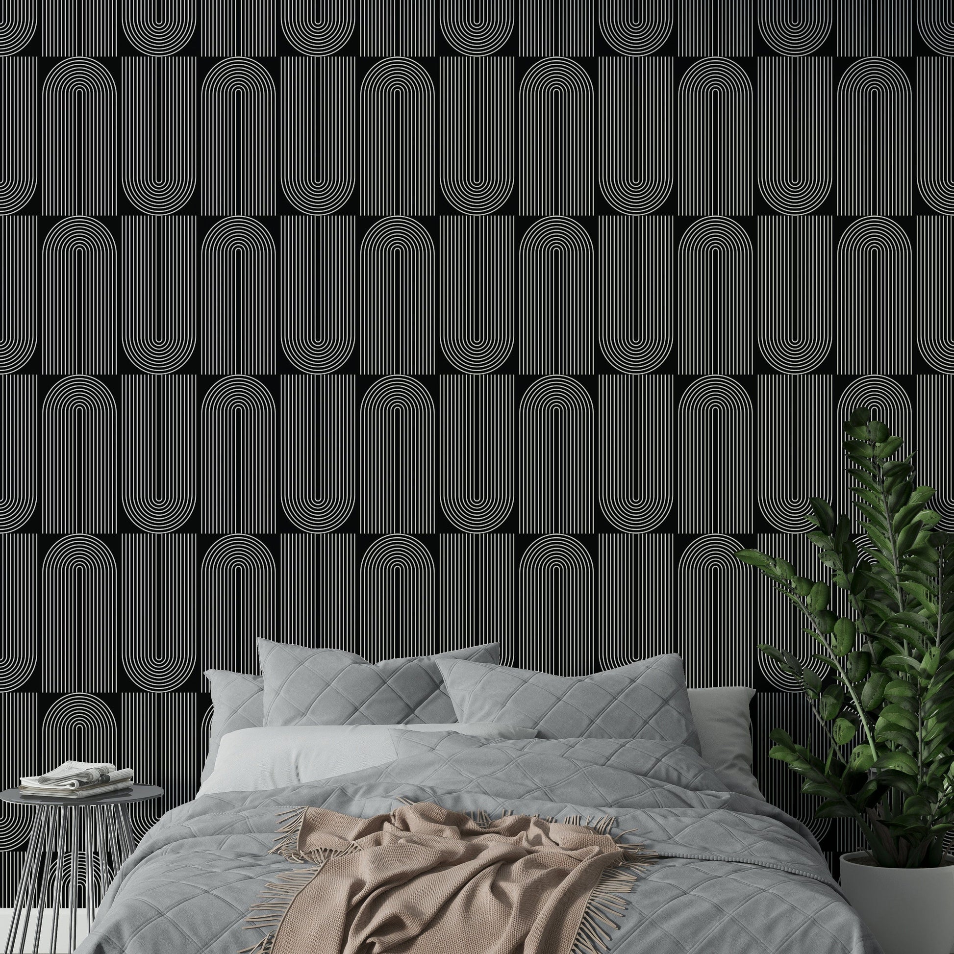 Elegant symmetrical arch outlined wallpaper in white.
