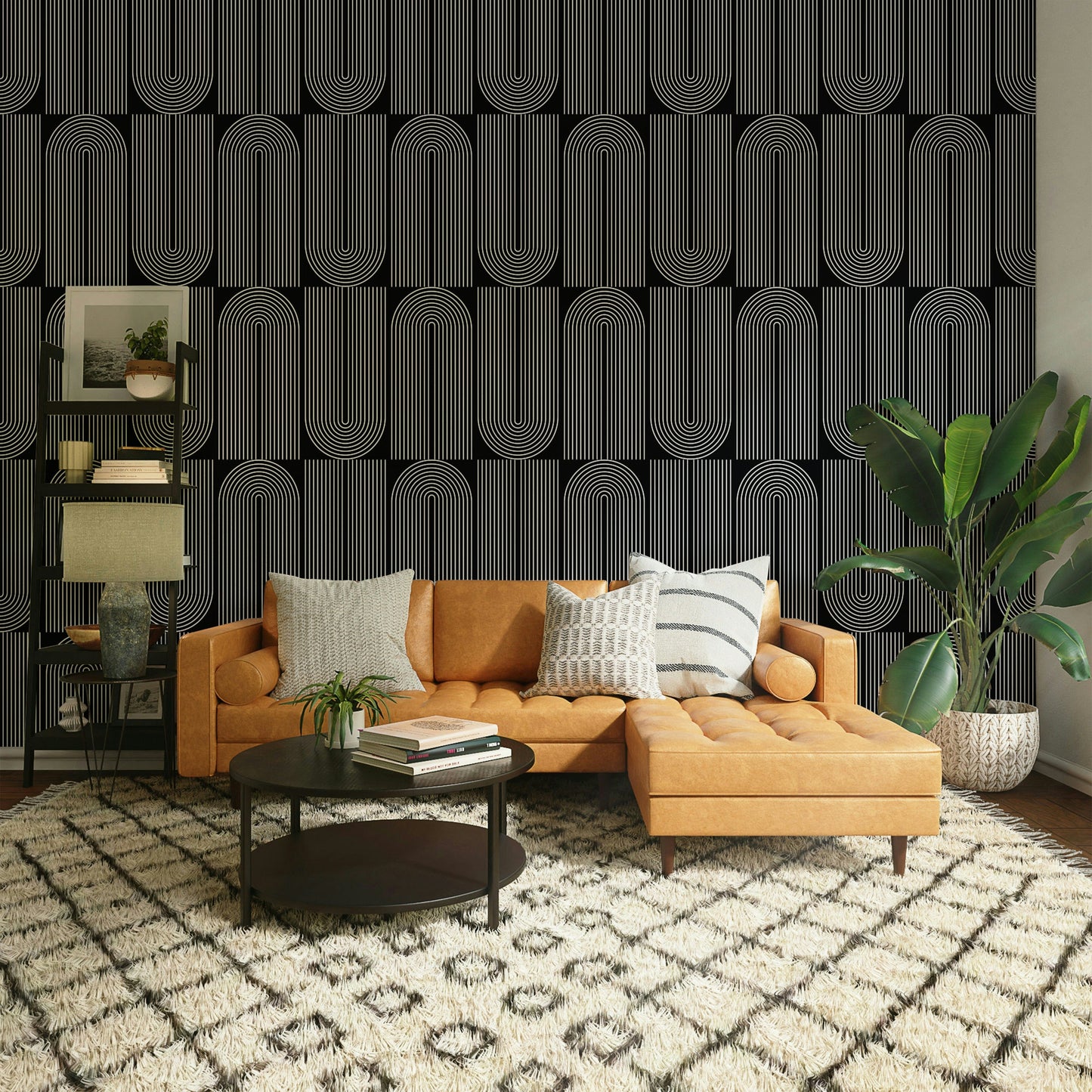 Graphic arch repeat design outlined wallpaper for rooms.
