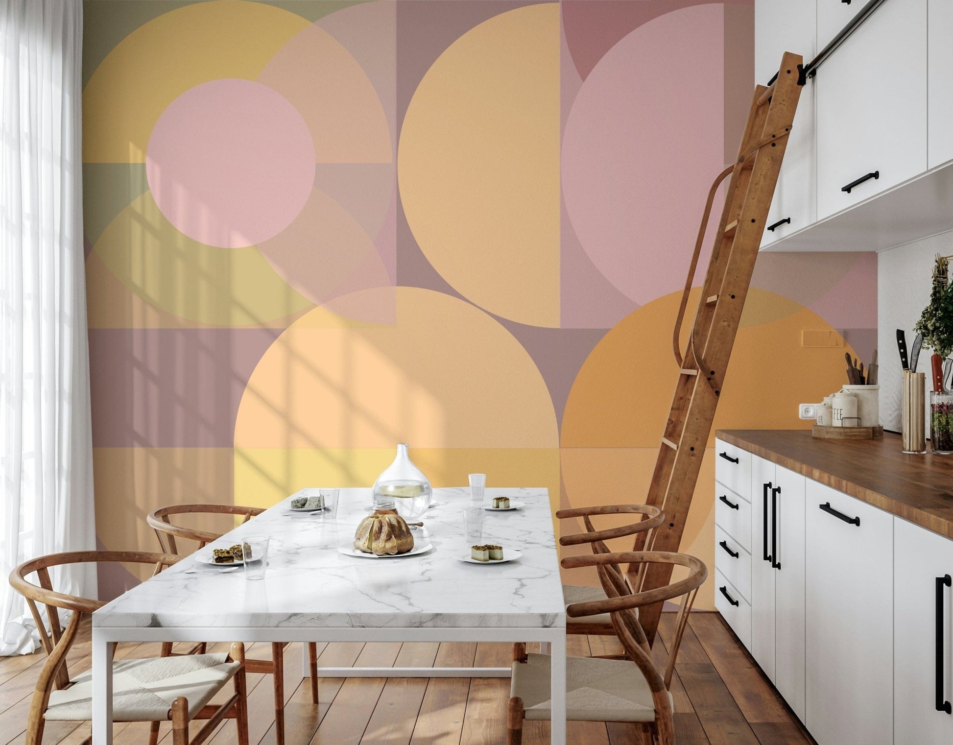 The Geometric Pastel Harmony Wall Mural, a modern Geometric Wallpaper with soft pink, mint, and beige hues.