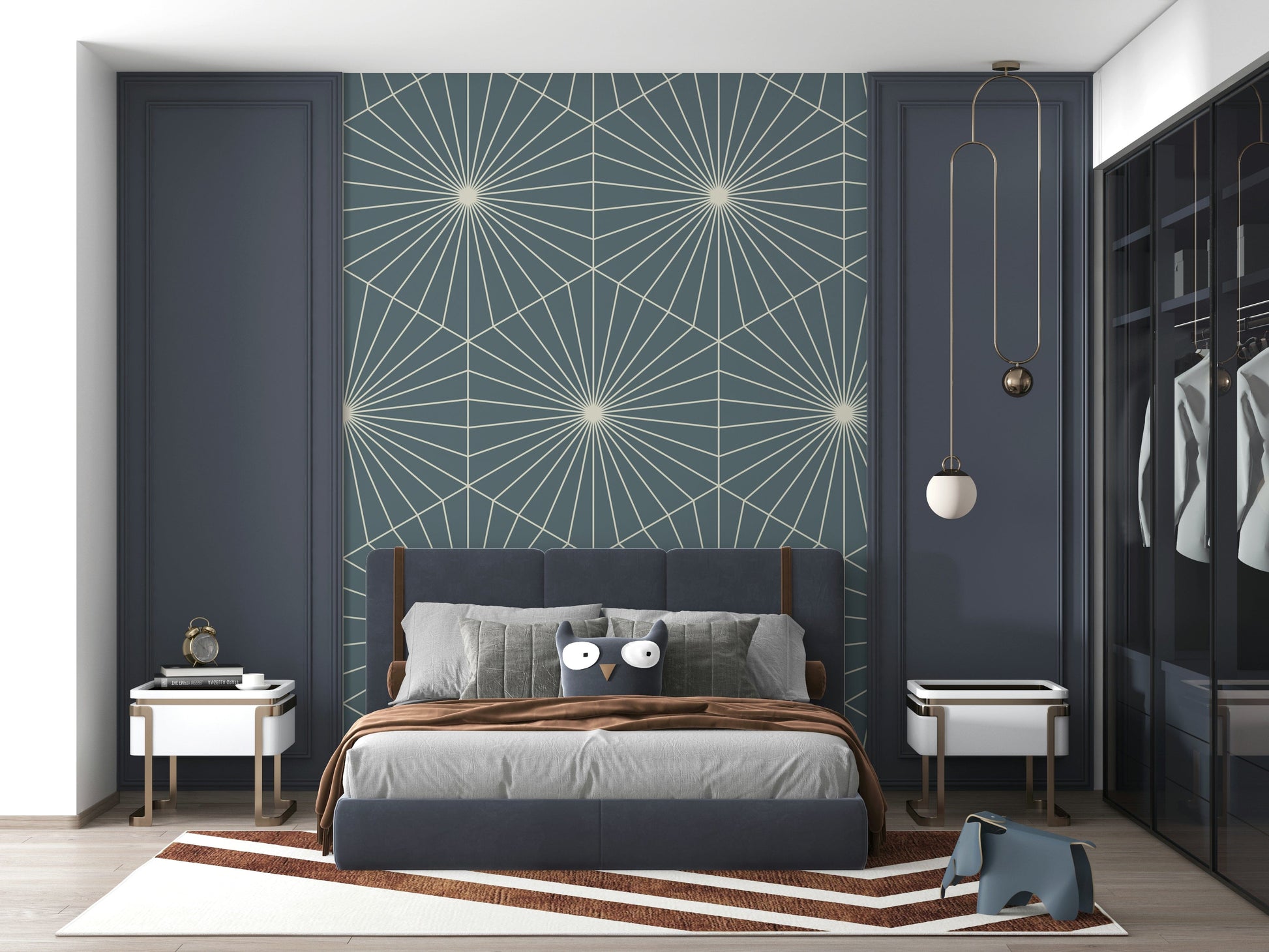 Textured deco fan wallpaper called Geometric Radiance in dark blue.