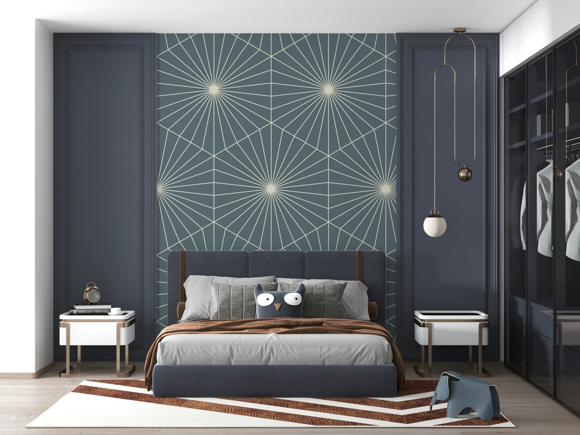 Textured deco fan wallpaper called Geometric Radiance in dark blue.