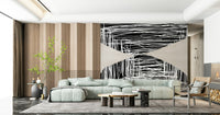 A peaceful modern abstract mural on decorative wallpaper.
