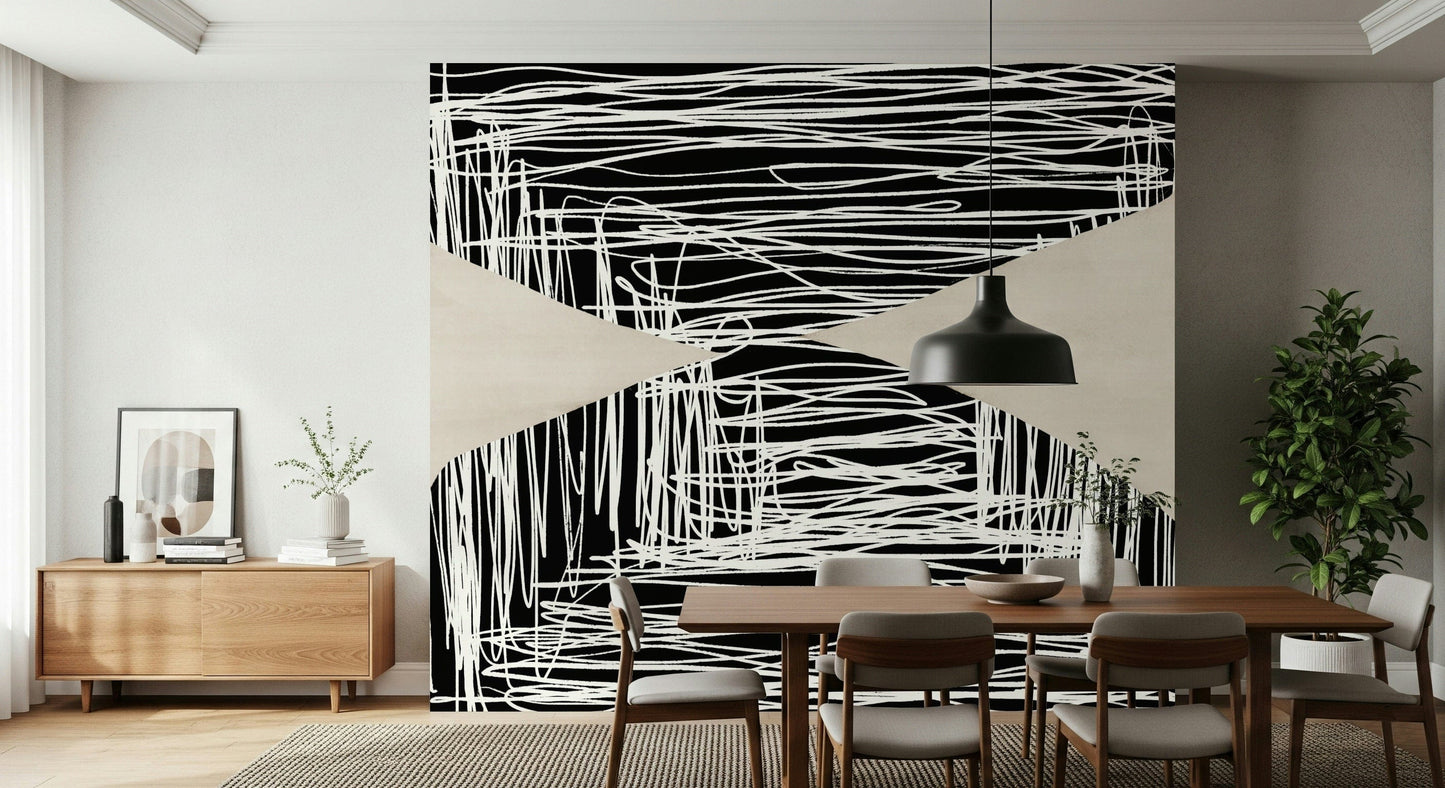 An artistic abstract line mural on minimalist wallpaper.